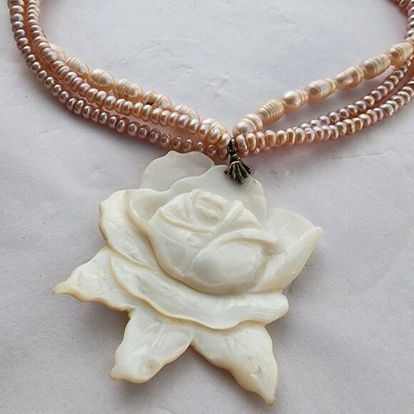 Sterling 925 Carved Mother Of Pearl Rose Pink Genuine Pearl Necklace  Choker - Picture 3 of 10